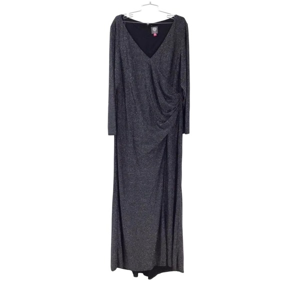 Vince Camuto Metallic Ruched Wrap Maxi Dress Size 20W Black Long Sleeve Evening - Picture 2 of 9